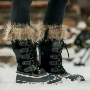 SOREL Joan of Arctic Snow Winter Boots 10 Black Waterproof Leather Faux Fur Cuff